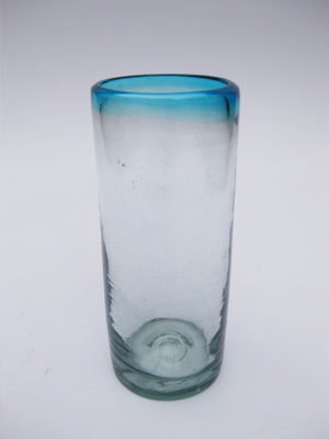 VIDRIO SOPLADO / Juego de 6 vasos tipo highball con borde azul aqua